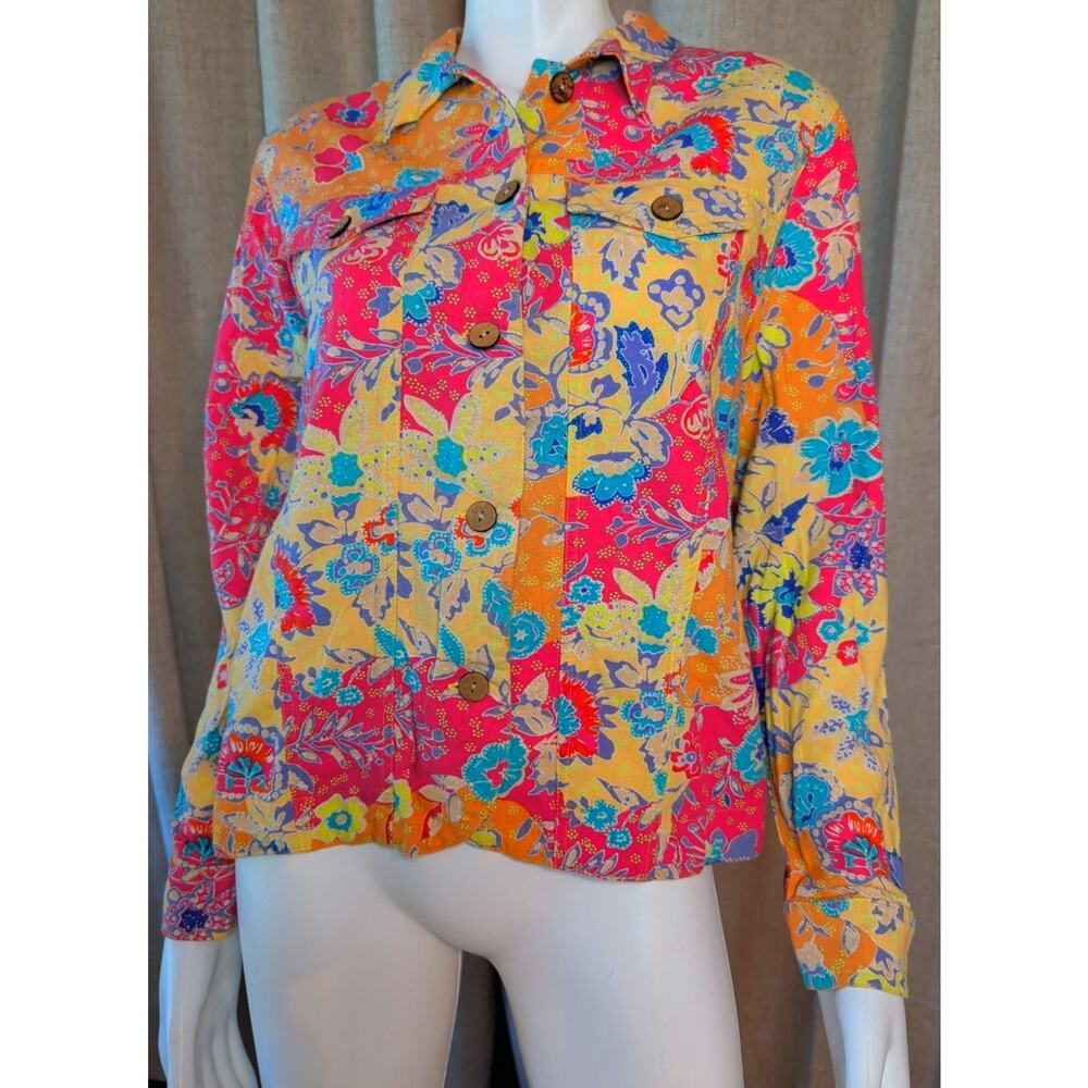 Coldwater Creek Linen Blend Floral Jacket Shirt Women's Medium Colorful Artsy